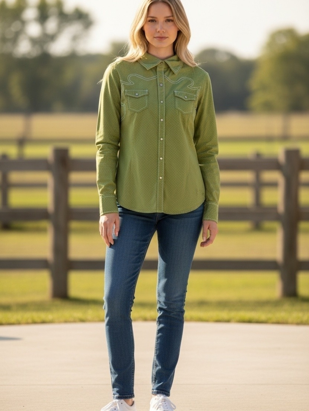 Ariat Women's Western Snap Shirt Medium Green White Polka Dot Contrast Stitch